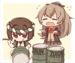  brown_eyes brown_hair closed_eyes commentary crying drum_(container) holding hyuuga_(kantai_collection) japanese_clothes kantai_collection kata_meguma kumano_(kantai_collection) long_hair long_sleeves multiple_girls open_mouth paintbrush pleated_skirt ponytail school_uniform serafuku short_hair skirt 