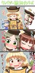  3koma 4girls ? @_@ blonde_hair blue_bow blue_hair blush blush_stickers bow brown_hair brown_hat candy cirno closed_eyes comic commentary_request crack crazy_eyes detached_sleeves drooling food green_eyes green_hair hair_bow hand_on_another's_head hat highres jealous lollipop long_hair long_sleeves matara_okina multiple_girls nishida_satono open_mouth rokugou_daisuke short_hair short_sleeves sweat tabard tate_eboshi tears teireida_mai touhou translated trembling wavy_hair wavy_mouth 