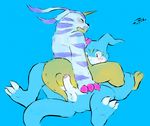  anthro anus ball_fondling balls blush butt digimon duo erection eyes_closed fondling gabumon glans hand_on_head horn humanoid_penis implied_oral leg_grab male male/male partially_retracted_foreskin pelt penis signature spread_legs spreading straddling tohfu uncut veemon 