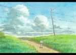  cloud cloudy_sky commentary_request day field grass hotaka letterboxed looking_at_viewer no_humans original outdoors path power_lines road robot scenery sky standing telephone_pole 