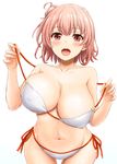  :d bangs bare_shoulders bikini blush breast_lift breasts collarbone commentary_request covered_nipples cowboy_shot eyebrows_visible_through_hair hair_bun highres huge_breasts inanaki_shiki looking looking_at_viewer navel open_mouth orange_eyes orange_hair pulled_by_self red_ribbon ribbon short_hair side-tie_bikini simple_background smile solo standing stomach strap_pull swimsuit tareme unaligned_breasts upper_teeth white_background white_bikini yahari_ore_no_seishun_lovecome_wa_machigatteiru. yuigahama_yui 