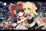  :d apron blonde_hair blush bow brown_hair carrying cheek-to-cheek commentary flower glomp hair_bow hair_flower hair_ornament hair_ribbon hair_tubes hakurei_reimu hand_on_another's_ass happy hat hug kirisame_marisa large_bow letterboxed long_hair looking_at_viewer moonlight multiple_girls night open_mouth outdoors petals princess_carry red_eyes ribbon sidelocks smile szmex touhou tress_ribbon very_long_hair waist_apron wavy_hair witch_hat yellow_eyes yuri 