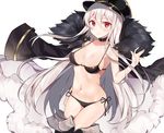  arm_at_side armpits bikini black_legwear blush boots breasts closed_mouth collar commentary cowboy_shot dutch_angle fur_trim girls_frontline hair_between_eyes hat jacket_on_shoulders kar98k_(girls_frontline) long_hair looking_at_viewer medium_breasts navel red_eyes sabet_(young_ouo) side-tie_bikini sidelocks simple_background smile solo string_bikini swimsuit thigh_boots thighhighs very_long_hair white_background white_hair 