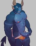  2017 5_fingers abs anthro biceps biped black_eyes blue_markings blue_penis blue_scales blue_tail bruce_pickett clothed clothing digital_media_(artwork) dragon erection eye_markings front_view grey_background grey_horn hi_res horn humanoid_hands humanoid_penis jockstrap knuxlight looking_at_viewer male markings multicolored_scales muscular muscular_male nipples open_mouth orange_bottomwear orange_clothing orange_underwear pecs penis pepsi_(fa) pink_nipples pinup portrait pose precum scales scalie simple_background smile solo spade_tail standing tattoo three-quarter_portrait topless two_tone_scales uncut underwear underwear_pull western_dragon 