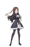  black_footwear boots breasts brown_hair dorothy_(princess_principal) frilled_skirt frills full_body hand_on_hip hand_up highres long_hair looking_at_viewer medium_breasts official_art pantyhose playing_with_own_hair princess_principal princess_principal_game_of_mission purple_eyes school_uniform skirt smile solo standing transparent_background white_skirt 