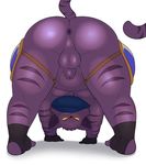  all_fours anthro anus armor backsack balls belly big_belly butt cat eroborus feline flaccid hi_res leliel looking_at_viewer looking_through_legs male mammal mostly_nude naughty_face obese overweight overweight_male penis perineum presenting purple_balls raised_tail rear_view simple_background solo unconvincing_armor uncut white_background 