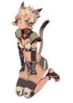  animal_ears arm_support black_gloves blonde_hair blue_eyes branch_(blackrabbits) cat_ears cat_tail elbow_gloves facial_mark final_fantasy final_fantasy_xi fingerless_gloves full_body gloves hair_tubes hairband hands_on_hips knee_pads kneeling loincloth looking_at_viewer mithra navel seiza short_hair shoulder_pads sitting solo tail tan 