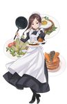  apron black_footwear bottle brown_hair dorothy_(princess_principal) egg food frying_pan full_body high_heels highres holding holding_plate looking_at_viewer maid maid_apron maid_cap makaria official_art plate princess_principal princess_principal_game_of_mission purple_eyes shoes solo transparent_background 