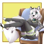  4_toes 5_fingers anthro breasts camel_toe canine clothed clothing collar ear_piercing female hair hi_res legs_up legwear looking_at_viewer mammal midriff piercing ryuu&#039;ka_te&#039;kuian socks solo stirrup_socks suelix tattoo thigh_highs toes tongue tongue_out white_hair 