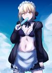  apron artoria_pendragon_(all) artoria_pendragon_(swimsuit_rider_alter) bikini black_bikini blonde_hair blush breasts commentary_request eating fate/grand_order fate_(series) food food_in_mouth highres ice_cream jacket looking_at_viewer maid_bikini maid_headdress medium_breasts mouth_hold navel popsicle senshiya short_hair solo swimsuit yellow_eyes 