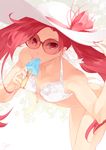  alternate_costume alternate_hair_color bad_anatomy bikini earrings eating error food hat hat_ribbon jewelry jinx_(league_of_legends) league_of_legends leaning_forward looking_at_viewer nail_polish o-ring o-ring_top pink_eyes popsicle red-framed_eyewear red_hair red_nails ribbon solo star_guardian_jinx stud_earrings sunglasses swimsuit twintails white_bikini white_hat woruko 