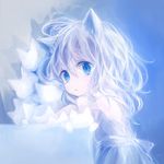  animal_ears bangs blue blue_dress blue_eyes cat cat_ears commentary dress grey_hair hair_between_eyes koneko_mari looking_at_viewer original parted_lips petite silver_hair solo wavy_hair 