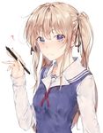  ? bangs black_ribbon blonde_hair blue_eyes blush closed_mouth collarbone commentary_request eyebrows_visible_through_hair fang hair_ribbon hand_up highres holding hplay long_hair long_sleeves looking_at_viewer ribbon saenai_heroine_no_sodatekata sailor_collar sawamura_spencer_eriri school_uniform sidelocks simple_background solo stylus sweater_vest tsurime upper_body white_background 
