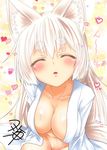  animal_ear_fluff animal_ears blush breasts cleavage closed_eyes collarbone commentary_request eyebrows_visible_through_hair facing_viewer fox_ears heart incoming_kiss kohaku_(yua) large_breasts long_hair naked_shirt open_clothes open_shirt original parted_lips shirt signature solo translated white_hair white_shirt yua_(checkmate) 