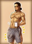  1boy brown_hair bulge facial_hari kukui_(pokemon) male_focus muscle nipples pecs pokemon pokemon_sm solo topless underwear waking_up 