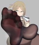  bangs black_legwear feet from_below glasses gloves green_eyes highres j-kisarazu kantai_collection katori_(kantai_collection) legs_crossed looking_at_viewer open_mouth pantyhose parted_bangs pov_feet smell soles steam sweat toes 