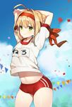  &gt;:) ahoge arched_back arms_behind_head arms_up ayamy bangs blonde_hair blue_sky braid buruma closed_mouth cloud commentary confetti contrapposto cowboy_shot day eyebrows_visible_through_hair fate/grand_order fate_(series) green_eyes gym_shirt gym_uniform hair_intakes headband highres lips looking_at_viewer name_tag navel nero_claudius_(fate) nero_claudius_(fate)_(all) olympian_bloomers outdoors pennant red_ribbon ribbon shirt short_hair short_sleeves sidelocks sky smile smug solo standing stomach stretch translated v-shaped_eyebrows white_shirt 