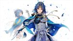  armor blue_hair cape closed_eyes crystal dual_persona feathers grin hair_feathers hirai_yuzuki japanese_armor kiwame_(touken_ranbu) male_focus open_mouth petals sheath shorts shoulder_armor smile sode taikogane_sadamune tantou touken_ranbu waving weapon yellow_eyes 