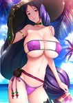  beach bikini black_gloves breasts collarbone commentary_request day dragon@harry elbow_gloves eyepatch_bikini fate/grand_order fate_(series) fingerless_gloves gloves hat highres huge_breasts long_hair looking_at_viewer minamoto_no_raikou_(fate/grand_order) minamoto_no_raikou_(swimsuit_lancer)_(fate) navel ocean outdoors purple_eyes purple_hair single_glove sky solo sun_hat swimsuit tree very_long_hair water 