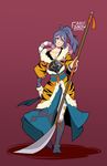  blue_hair fire_emblem fire_emblem_if fur fur_coat holding holding_weapon japanese_clothes looking_at_viewer naginata oboro_(fire_emblem_if) polearm ponytail smile solo tiger_stripes weapon 