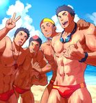  4boys abss beach lifeguard male_focus mucle multiple_boys ruizu smile swimsuit topless v wet whistle 