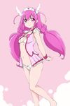  arms_behind_back barefoot bra breasts cleavage cure_happy head_wings highres hoshizora_miyuki izuna_masaru long_hair navel no_pants open_clothes open_shirt panties pink_shirt precure purple_eyes purple_hair shirt sleeveless sleeveless_shirt small_breasts smile_precure! solo twintails underwear white_bra white_panties 