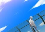  albino blue_sky cloud cross_channel day fence hand_in_pocket kurosu_taichi looking_up male_focus rooftop school_uniform sky solo white_hair yume_developing 