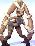  1girl absurdres animal_ears arched_back arm_up bare_shoulders bike_shorts black_legwear black_sclera blue_background breasts bunny_ears bunny_tail collarbone easter_egg egg furry gradient gradient_background hand_up leaning_forward legs_apart looking_back looking_to_the_side lopunny medium_breasts mega_lopunny mega_pokemon no_humans open_mouth pokemon pokemon_(creature) pokemon_rse red_eyes rilex_lenov simple_background skindentation solo sports_bra standing tail teeth thighhighs torn_clothes torn_thighhighs turtleneck white_background 