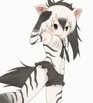  :d aardwolf_(kemono_friends) aardwolf_ears aardwolf_tail animal_print bare_shoulders black_eyes black_footwear black_hair black_neckwear commentary_request elbow_gloves extra_ears gloves hair_between_eyes hand_up highres kemono_friends long_hair looking_at_viewer multicolored_hair necktie open_mouth pantyhose ponytail print_gloves print_legwear print_shirt sat-c shirt shoes short_shorts shorts sleeveless sleeveless_shirt smile solo striped striped_gloves striped_legwear two-tone_hair white_hair 