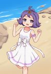  1girl :3 acerola_(pokemon) ako_(azusaching0612) alternate_costume bare_shoulders beach blush bow breasts child collarbone dress hair_ornament hands_up knees_together_feet_apart leg_lift looking_at_viewer matching_hair/eyes ocean open_mouth outdoors pokemon pokemon_sm purple_eyes purple_hair ribbon rock scrunchie short_hair sleeveless sleeveless_dress small_breasts smile solo standing standing_on_one_leg water white_bow white_dress white_ribbon 