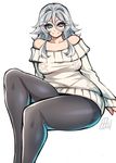  bare_shoulders black_legwear blue_eyes breasts commentary_request highres izayoi_sakuya large_breasts long_hair looking_at_viewer off-shoulder_sweater off_shoulder pantyhose silver_hair simple_background sitting smile solo sweater tajima_yuuki thick_thighs thighs touhou white_background 