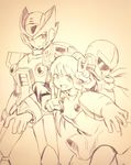  android armor blues_(rockman) blush_stickers breasts crossover dress hair_ribbon helmet kotoyama long_hair looking_at_viewer monochrome open_mouth ponytail ribbon rockman rockman_(classic) roll short_hair skirt small_breasts smile zero_(rockman) 