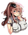  :d black_gloves blush breasts brown_hair eyebrows_visible_through_hair fingerless_gloves gloves hair_between_eyes hat heart highres huge_breasts kantai_collection kekocha long_sleeves looking_at_viewer mini_hat open_mouth remodel_(kantai_collection) saratoga_(kantai_collection) side_ponytail sidelocks single_glove smile solo translated transparent_background upper_body v 