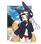  1girl black_hair buruma female fox_tail gakuran headband jacket kikuri_(mawaru) mawaru_(mawaru) multiple_tails original solo tail 