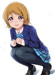  :d ankoiri bangs black_legwear blazer blue_bow blue_jacket blue_neckwear blue_skirt blush bow bowtie brown_hair eyebrows_visible_through_hair highres jacket knees_to_chest koizumi_hanayo legs_together loafers long_sleeves looking_at_viewer love_live! love_live!_school_idol_project open_mouth otonokizaka_school_uniform pantyhose pink_eyes plaid plaid_skirt purple_eyes school_uniform shoes short_hair simple_background skirt smile solo squatting striped striped_bow striped_neckwear swept_bangs tareme white_background 