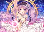  bare_shoulders blush bow_(weapon) dress euryale fate/grand_order fate/hollow_ataraxia fate_(series) hairband lolita_hairband long_hair open_mouth purple_eyes purple_hair smile suzune_rena twintails very_long_hair weapon white_dress 