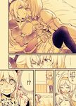  ... 2girls :&lt; bed_sheet blush bow breasts brown character_doll closed_eyes comic detached_collar djeeta_(granblue_fantasy) dress eyebrows_visible_through_hair full-face_blush gauntlets granblue_fantasy hair_bow holding_hand katalina_aryze knee_up lying medium_breasts mikan-uji monochrome multiple_girls on_bed parted_lips profile puffy_short_sleeves puffy_sleeves short_sleeves sidelocks sleeping spoken_ellipsis standing surprised sweat thighhighs translation_request triangle_mouth vira_lilie yuri zettai_ryouiki 