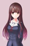  absurdres arms_behind_back bangs brown_eyes brown_hair collarbone highres katou_megumi long_hair looking_at_viewer maid_daisuki multicolored_hair neck_ribbon pink_background pink_hair red_ribbon ribbon saenai_heroine_no_sodatekata school_uniform simple_background smile solo standing two-tone_hair upper_body very_long_hair 