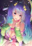  aqua_hair arcade_sona artist_name blue_eyes blue_hair breasts cleavage earrings fingernails gradient_hair hair_ornament highres index_finger_raised jewelry large_breasts league_of_legends long_hair looking_at_viewer multicolored_hair nail_polish necklace open_mouth purple_nails red_hod smile solo sona_buvelle star star_earrings star_hair_ornament twintails 