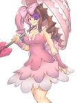  :d absurdres alternate_costume bare_shoulders bow breasts brown_eyes brown_hair cleavage cosplay dress drill_hair eyepatch frilled_dress frills hair_bow harime_nui harime_nui_(cosplay) highres kill_la_kill looking_at_viewer multicolored_hair nas_(z666ful) neo_(rwby) open_mouth pink_bow pink_dress pink_hair rwby simple_background sleeveless sleeveless_dress smile smirk solo strapless strapless_dress twin_drills twintails two-tone_hair umbrella white_background 