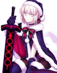  artoria_pendragon_(all) between_legs black_legwear blue_cape blue_footwear blue_gloves blue_hat blue_ribbon blue_santa_costume boots cape choker dark_excalibur eyebrows_visible_through_hair fate/grand_order fate_(series) fur_trim gloves hair_between_eyes hair_ribbon hand_between_legs hat holding holding_sword holding_weapon looking_at_viewer minamina pantyhose ribbon ribbon_choker santa_alter santa_boots santa_costume santa_hat short_hair silver_hair simple_background solo striped striped_ribbon sword thigh_boots thighhighs weapon white_background yellow_eyes 