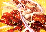  animal_ear_fluff animal_ears bangs bare_shoulders blade blonde_hair breasts cleavage dutch_angle eyebrows_visible_through_hair fate/extra fate/extra_ccc fate/extra_ccc_fox_tail fate_(series) fingernails floral_print fox_ears fox_tail from_above grin hair_ornament holding holding_sword holding_weapon japanese_clothes jewelry katana large_breasts long_hair looking_at_viewer midriff necklace petals pom_pom_(clothes) ribbon-trimmed_sleeves ribbon_trim smile solo sparkle suien suzuka_gozen_(fate) sword tail teeth very_long_hair weapon wide_sleeves yellow_eyes 