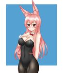  animal_ears bare_shoulders black_legwear black_leotard blush bow bowtie breasts bunny_ears bunnysuit cleavage cleavage_cutout cleft_of_venus covered_navel detached_collar framed hair_between_eyes hand_on_own_chest highres keshigomu kurousagi_(mondaiji) leotard long_hair looking_at_viewer medium_breasts mondaiji-tachi_ga_isekai_kara_kuru_sou_desu_yo? nose_blush open_mouth pantyhose pink_hair red_bow red_eyes red_neckwear shiny shiny_hair simple_background solo standing strapless strapless_leotard swimsuit taut_clothes taut_swimsuit wrist_cuffs 