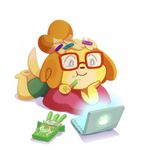  animal_crossing anthro box canine computer cute dog eating eyewear female fur glasses happy isabelle_(animal_crossing) laptop mammal nintendo pawpads pillow pocky sitting smile solo somik video_games yellow_fur 