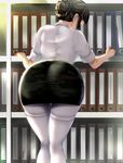  ass back binder black_skirt bookshelf breasts brown_hair hair_bun hair_ornament hairclip highres kantai_collection kauchoro_(namikazemakase) long_hair medium_breasts myoukou_(kantai_collection) pantyhose pantylines pencil_skirt remodel_(kantai_collection) shirt short_sleeves skirt solo thighs white_legwear white_shirt 