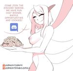  2017 animal_humanoid areola breasts butt cookie discord_(messenger) english_text erect_nipples eyes_closed facial_markings food hair horn humanoid legendary_pok&eacute;mon lugia markings matemi monochrome navel nintendo nipples nude pink_theme plate pok&eacute;mon side_boob silver_soul simple_background text video_games white_background wings 