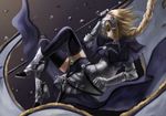  arm_up armor armored_boots armored_dress banner black_legwear blonde_hair blue_dress blue_eyes boots braid dress fate/apocrypha fate_(series) floating_hair from_side full_body gauntlets high_heel_boots high_heels highres holding holding_weapon jeanne_d'arc_(fate) jeanne_d'arc_(fate)_(all) kuune_(muttey-myg) long_hair sheath sheathed single_braid solo sword thighhighs very_long_hair weapon 