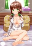  bad_feet bangs bare_legs barefoot bed blunt_bangs blush_stickers breasts brown_hair cleavage closed_mouth collarbone commentary_request curtains cushion day eyebrows_visible_through_hair feet full_body gochuumon_wa_usagi_desu_ka? green_eyes green_scrunchie hair_ornament hair_scrunchie hand_on_own_chest highres indoors large_breasts long_hair long_sleeves looking_at_viewer low_twintails naked_shirt on_bed partially_unbuttoned scrunchie shirt sitting smile soles solo sunlight tissue_box twintails ujimatsu_chiya window zenon_(for_achieve) 