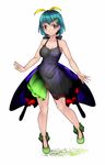  adapted_costume antennae aoshima aqua_hair bangs bare_arms bare_legs breasts brown_eyes cleavage closed_mouth commentary_request covered_navel cross_eyed dress eternity_larva full_body green_footwear highres looking_at_viewer medium_breasts multicolored multicolored_clothes multicolored_dress no_wings shoes short_hair simple_background smile solo standing standing_on_one_leg touhou white_background 