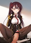  1girl ;o asymmetrical_bangs bangs bar_censor black_dress black_gloves black_legwear blush bra bra_through_clothes breasts brown_hair censored cum cum_on_hair double-breasted dress ejaculation erection facial footjob girls_frontline gloves hair_ribbon hand_up hetero large_breasts long_hair long_sleeves macchiato_(jae-min_cho) military military_uniform necktie one_eye_closed one_side_up open_mouth pantyhose pelvic_curtain penis pov purple_eyes red_neckwear red_ribbon ribbon see-through shirt short_dress sitting spread_legs tsurime twitter_username underwear uniform wa2000_(girls_frontline) white_bra white_shirt 